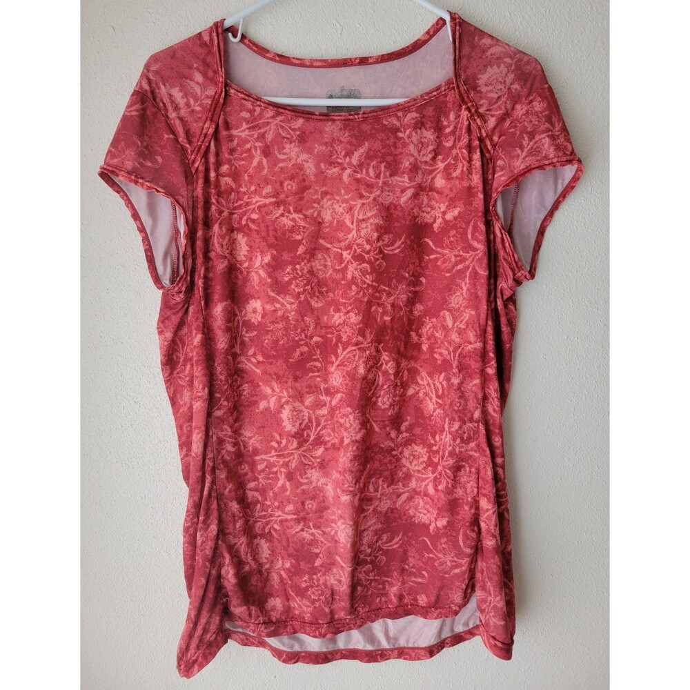 Columbia Women’s M Maroon Pink Floral Stretch Top Ruched Sides Short Sleeve
